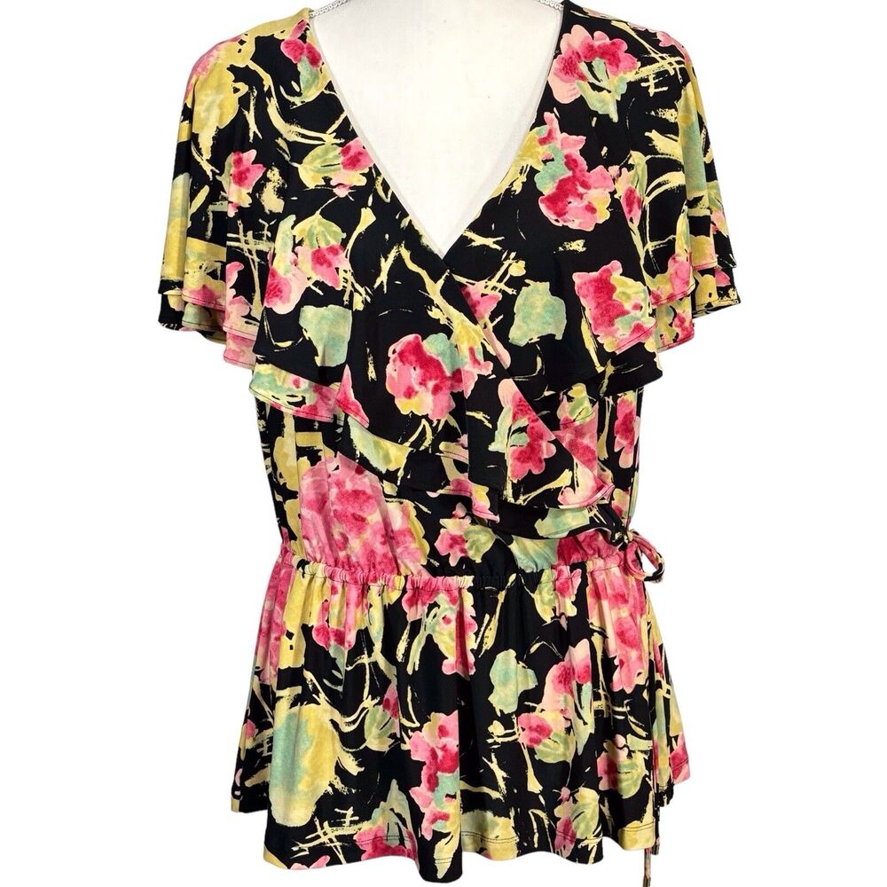 Lauren Ralph Lauren Faux Wrap Top Dark Floral Womens Large Black Pink Ruffle NWT